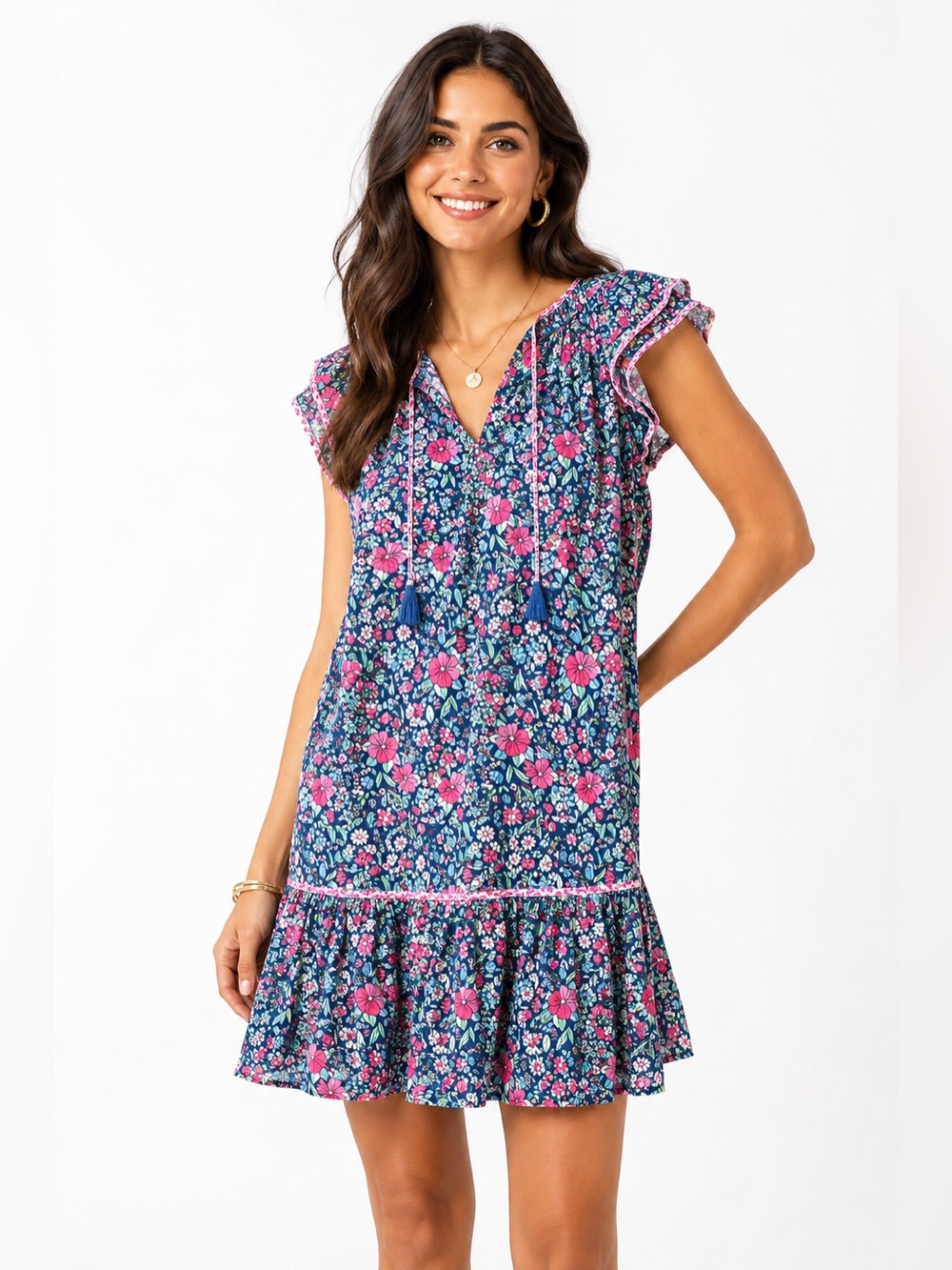 👗 Shoshanna Floral Flutter Sleeve Tassel Mini Dress Blue Pink Boho👗